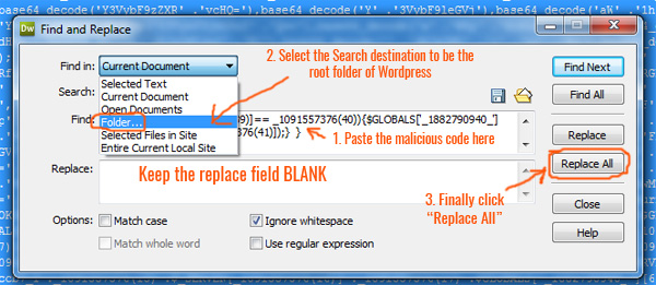 search and replace malicious code in wordpress php files