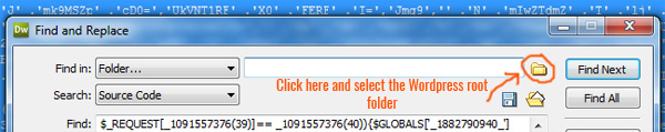 search and replace malicious code in wordpress php files in destination folder