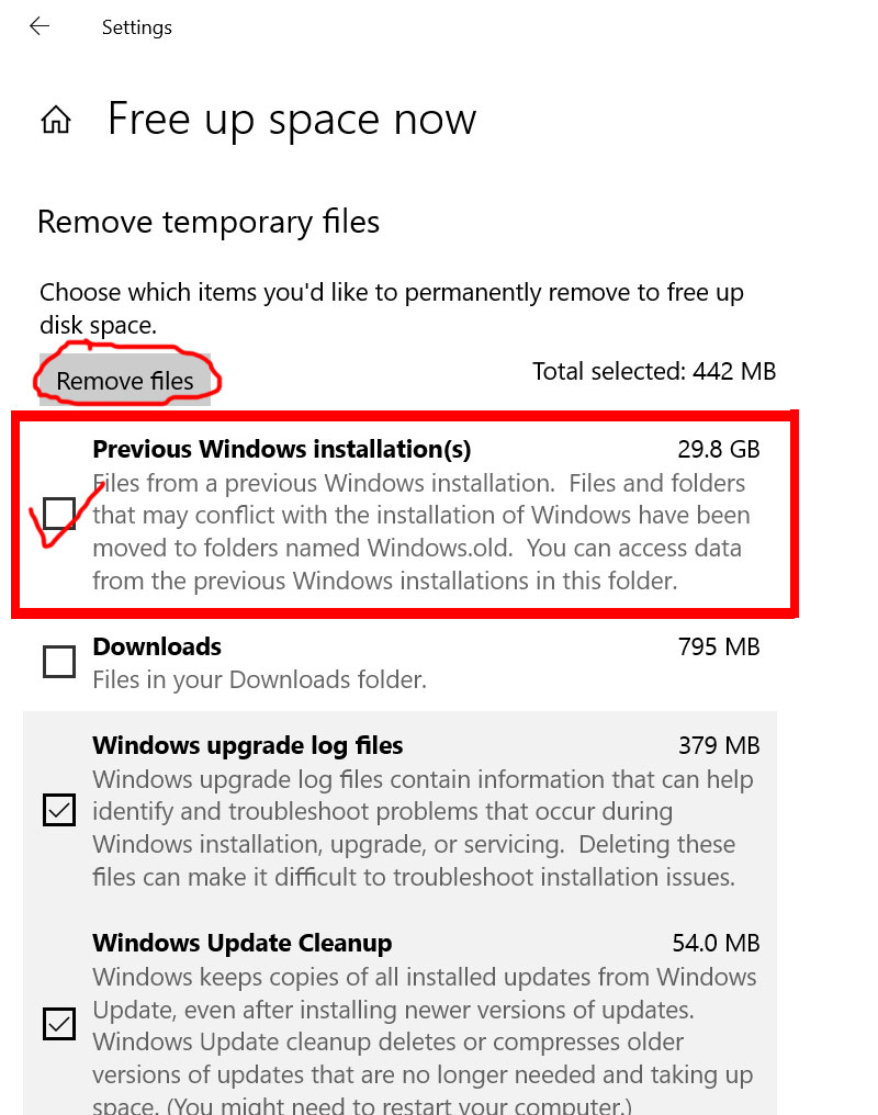 Windows 10 delete windows.old folder using temporary files settings